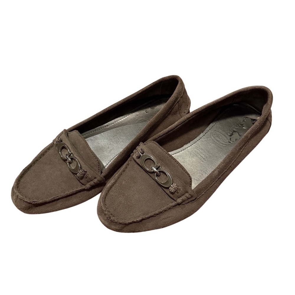 Coach Fortunata Suede Driving Loafers Taupe‎ Gray Logo Flats A4481 Womens 9.5B - Picture 3 of 5
